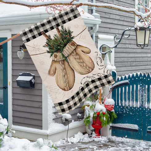 Winter Gloves Home Decorative House Flag Buffalo Plaid Check Farmhouse Garden Yard Outdoor Large Burlap Flag Sign Christmas Outside Decoration Xma...