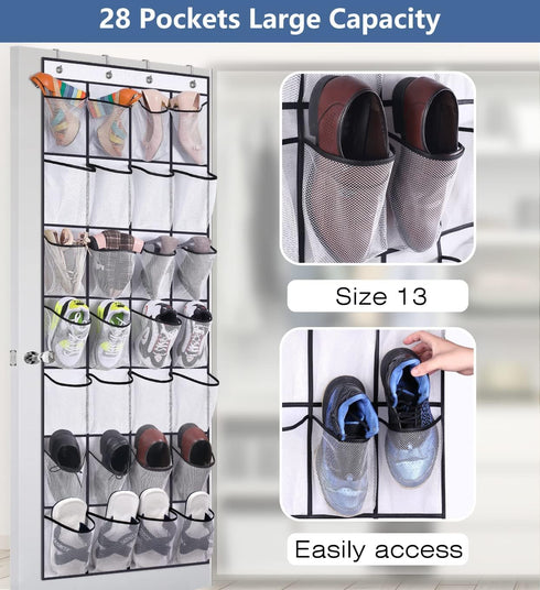 MISSLO 28 Large Pockets Over The Door Shoe Rack Hanging Shoe Organizer for Closet Door Shoe Storage Holder Mesh Hanger, White...