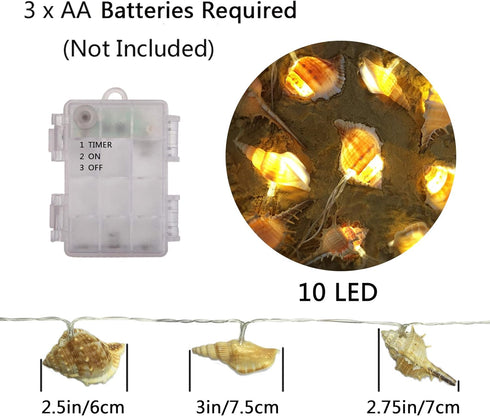 Natural Conch LED String Lights, 10 Ft 10 LED Battery Powered Waterproof Low Heat Silver Copper Wire Beach Theme Fairy Lights for Indoor Outdoor D...