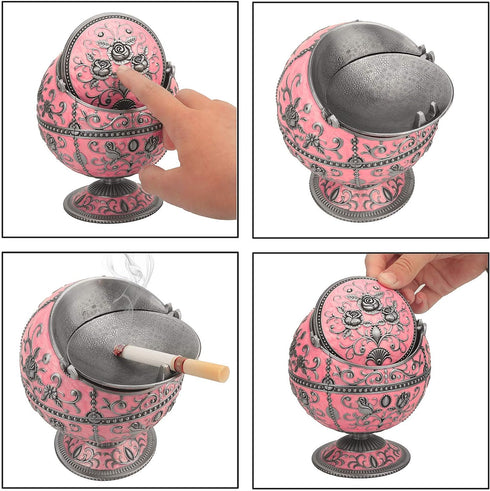 Windproof Ashtray with Lid for Cigarettes Metal Portable Cigar Ashtray Odor Eliminator for Indoor outdoor Hand Stamped Rose Pattern with Sparkle F...