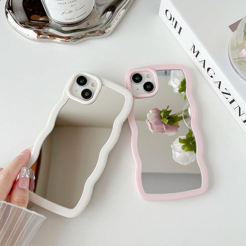 Jmltech for iPhone 15 Case Mirror Curly Wave Frame Shape Silicone Cute Shockproof Ultra Thin Protective Phone Case for iPhone 15 Beige Bumper...
