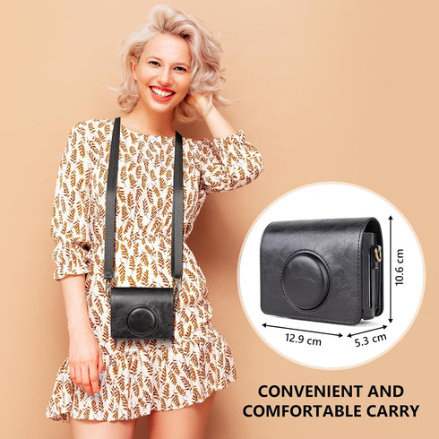 Mini EVO Camera Case, Vintage Leather Case Compatible with Fujifilm Instax Mini EVO, Fuji Instax Mini EVO Cover with Adjustable Strap - Black...