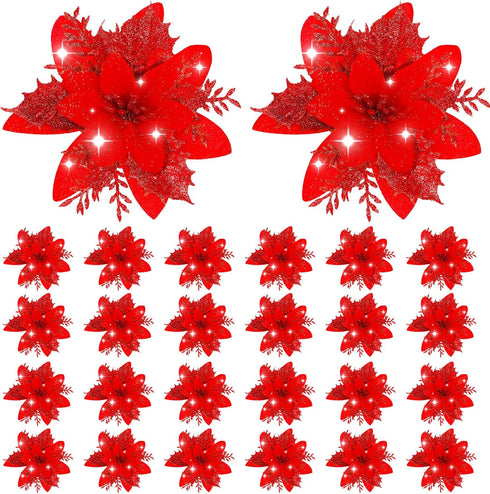 24 Pieces Poinsettia Christmas Decorations Glitter Poinsettia Flowers 5.5 Inch Poinsettias Artificial Christmas Flowers for Christmas Tree Ornamen...