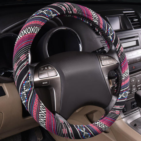 CAR PASS Boho Steering Wheel Cover, Ethnic Flax Cloth Universal Steering Wheel Cover,Anti-Slip Design,Most of Vehicles,Cars,SUV,Vans...
