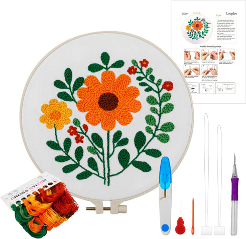 Punch Needle Embroidery Beginner Kits for Kids and Adults with Instructions, Punch Needle Fabric with Patterns, Yarns, Embroidery Hoops for Rug-Pu...