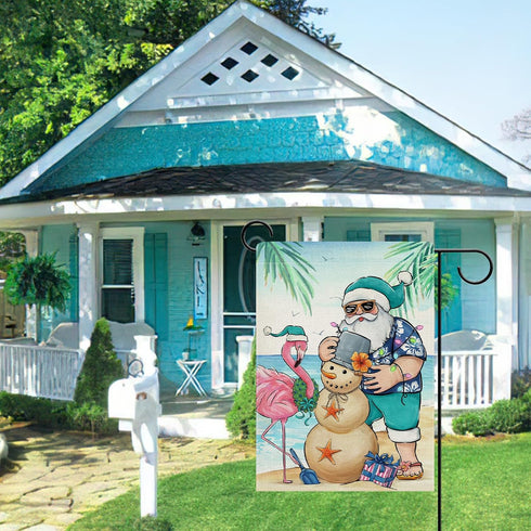 Santa Claus Decorative Garden Flag, Christmas Snowman Flamingo Beach Coastal Yard Outside Home Decoration, July Hawaii Nautical Xmas Summer Holida...