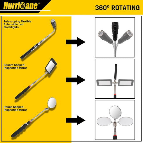 HURRICANE 5Pcs Telescoping Magnetic Pick Up Tool Kit, Gifts for Men, with 1Lb and 16Lb Pickup Rod, Round/Square 360 Swivel Adjustable Inspection M...