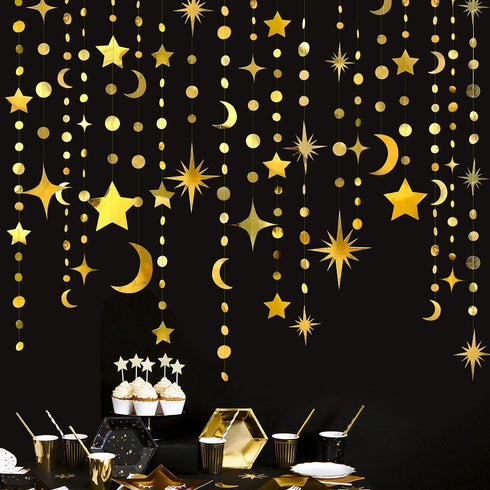 Gold Star Moon Circle Dot Garland Party Decorations Kit Hanging Crescent and Twinkle Little Star Streamer Bunting Banner for Kids Room First Birth...