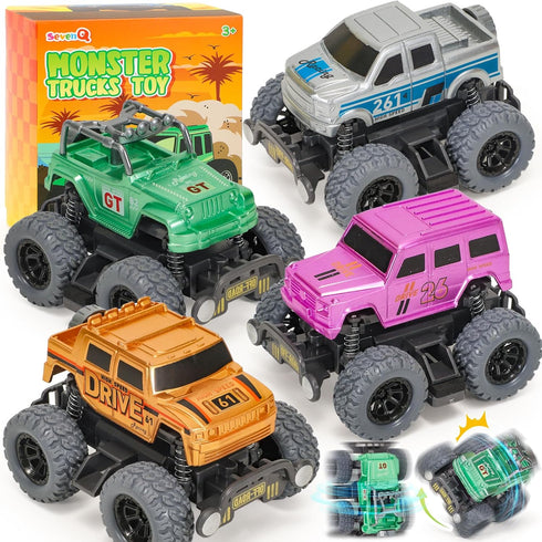 Monster Truck Toys for Boys, 4 Pcs Toy Cars Flip Stunt Car, Pull Back Race Cars Party Favors Friction Powered Cars Retro Toddler Toys Vehicles Goo...