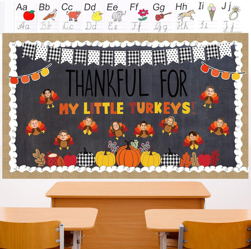 119Pcs Fall Thanksgiving Bulletin Board Decor Autumn Turkey Pumpkin Paper Cutouts with 200Pcs Glue Points Scalloped Bulletin Border Sticker for Ho...
