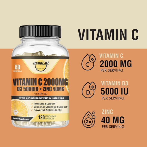 Vitamin C 2000MG, Zinc 40 mg, Vitamin D3 5000 IU, Echinacea Extract, Rose Hip, Immune Support for Adults & Kids, Immune Booster,120 Vegan Caps, 60...