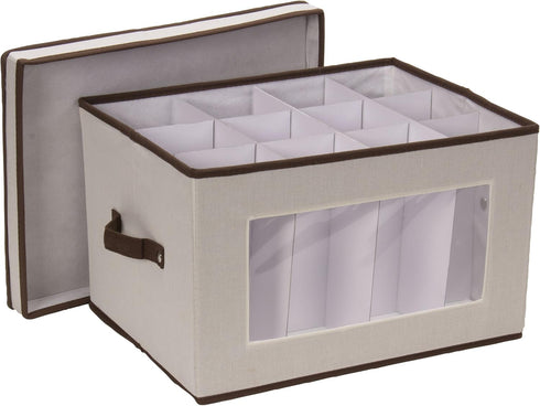 Household Essentials Stemware Storage Box, Windowed Storage with Lid, 12 Storage Compartments, Double Handles, Perfect for Storing Special Occasio...