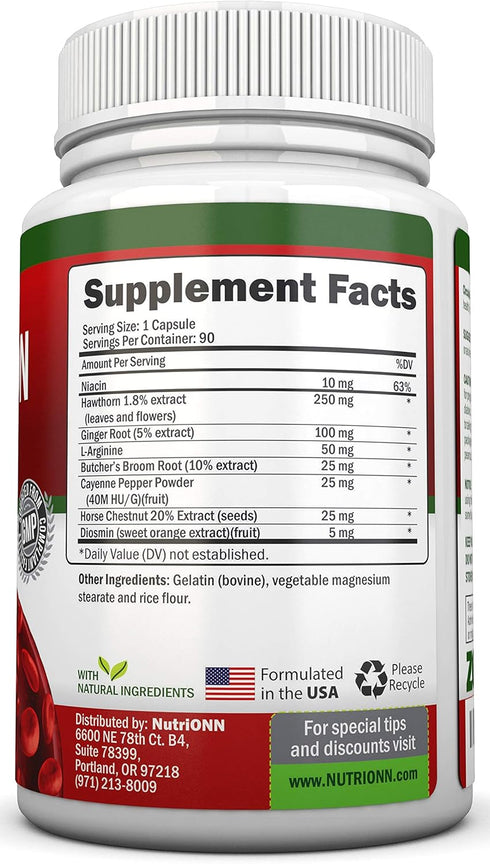 Blood Circulation Support - All Herbal Supplement For Healthy Blood Flow, Arteries & Veins - Promotes Leg Comfort - With Hawthorn, Niacin, L-Argin...