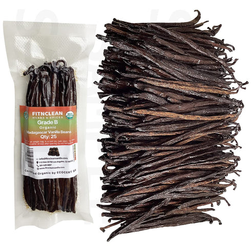 25 Organic Madagascar Vanilla Beans Grade B. Certified USDA Organic. 5"-7" Bulk by FITNCLEAN VANILLA| Bourbon Whole NON-GMO PODS....