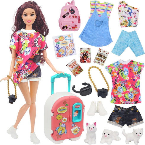 UNICORN ELEMENT 16 Pcs Doll Clothes and Accessories for 11.5 Inch Girl Dolls, Fashion Travel Suitcase Set Including Blue Jean Skirts, Bags, Food M...