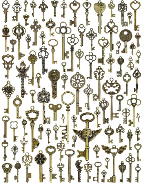 JIALEEY Vintage Skeleton Keys, Wholesale Bulk Lots Mixed Set of 100 Antique Bronze Brass Skeleton Castle Dungeon Pirate Keys, 10.5oz/300g...