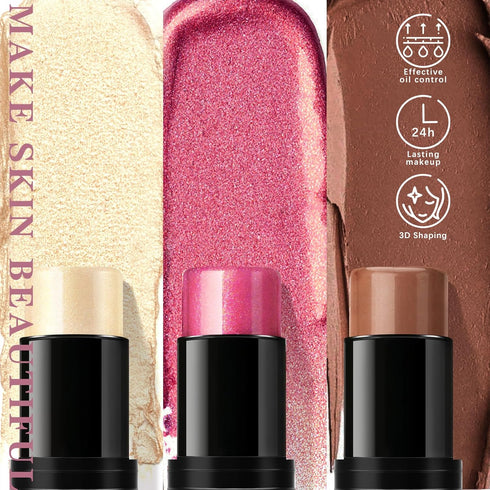 3Pcs Contour Highlighter Cream Blush Stick for Cheeks Eyes Lips Lightweight Dewy Finish Blush Stick Waterproof Long Lasting Contour Stick Trio Wan...