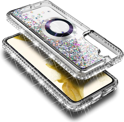 Designed for Samsung Galaxy S23 Magnetic Case for MagSafe with Tempered Glass Screen Protector, Camera Lens Protector/Wrist Strap Lanyard, Glitter...