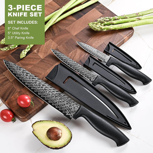 3 Pcs Kitchen Knife Set with Cover, Black Knives Set for Kitchen Stainless Steel, Damascus Pattern Chef Knife set with Sheath, Sharp Cutting Knive...