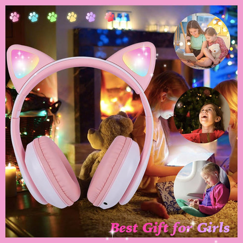Wireless Headphones for Kids, Cat Ear LED Light Up Bluetooth Kids Headphones with Microphone for School/Travel/Sports/Gaming/Gifts/Christmas (Pink...