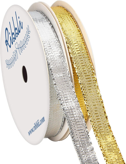 Ribbli 2 Rolls Metallic Glitter Ribbon,Gold Ribbon Silver Ribbon, 3/8 Inch Total 20 Yards, Use for Christmas Gift Wrapping, Christmas Craft and De...