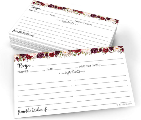 321Done Recipe Cards (Set of 50) Small Floral 3" x 5" - Double-Sided for Weddings, Bridal Shower - Made in USA - Watercolor Red Roses, White From ...
