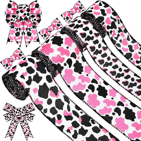 4 Rolls 20 Yards Pink Cow Print Wired Edge Ribbons Black White Pink Cow Spot Pattern Ribbons Cow Print Ornaments Fabric Ribbons Animal Print Ribbo...