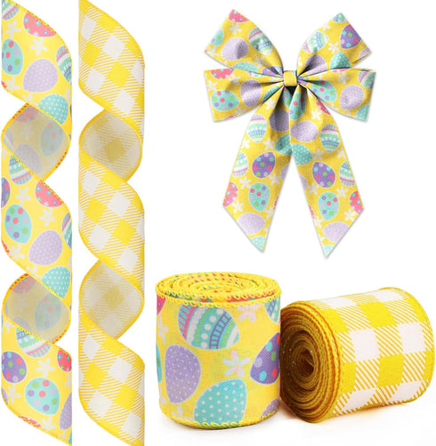 2 Rolls Easter Ribbon for Wreath Bow Wrapping Gift,Yellow Plaid Easter Egg Ribbon for Gift Wrapping Decoration Party Supplies DIY Craft 2.5" X 10 ...