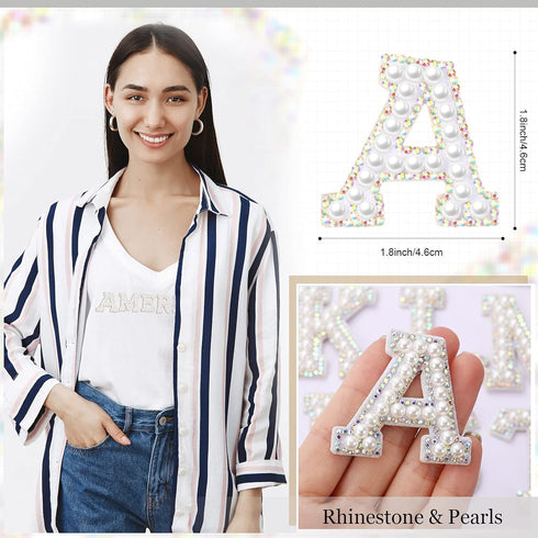 Waydress 26 Piece Rhinestone Iron on Patch A to Z Letter Appliques Adhesive White Pink Colorful Pearl Bling Patch Glitter Alphabet Embellishments ...