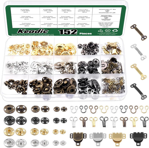 Keadic 152Pairs 3 Style Sewing Hooks and Eyes Closure Assortment Set, 9/10/12mm Metal Snaps Buttons Fasteners Press Studs Clothing Fixing Tools fo...
