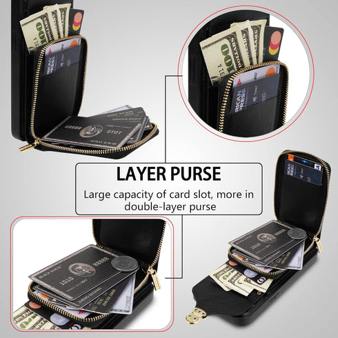 Compatible with iPhone 13 6.1 inch Wallet Case Crossbody Strap Leather Zipper Credit Card Holder Clasp Stand Cell Accessories Phone Cover for iPho...