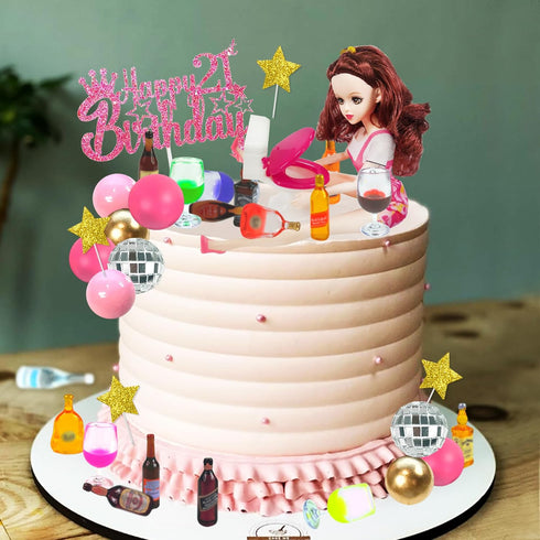Mini Wine Bottles Cake Toppers With 12 Mini Wine Bottles 5 Mini Wine Glasses 1 Toilet Toy 1 Beauty Doll 21st Birthday Cake Topper for Celebrating ...