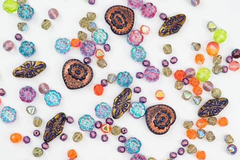 2.1oz (60 g) Mix of Unique Czech Bohemia Glass Pressed Beads, Crazy Purple Green Copper, Table Cut, Matte and Glossy, Faceted Fire Polish, Hand Ma...