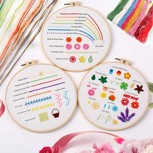 MAMUNU Embroidery Stitches Practice Kit, 4 Set Floral Hand Embroidery Kit for Beginners, Starter Kit for Adults Kids Easy, Includes Embroidery Hoo...