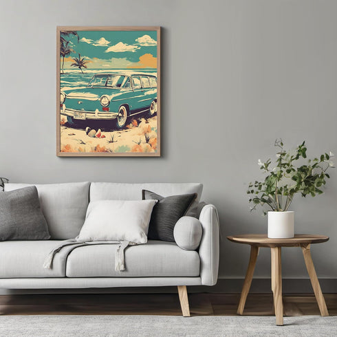 Posterizer 1 pcs-vintage retro cars on the beach poster 1-Retro Art-Landscape & Nature Art- Gift for Nature, Surfers and Beach Lovers- unframed wa...