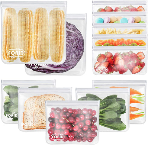FORID Reusable Storage Bags, 12 Pack Extra Thick Freezer bags (2 Reusable Gallon Bags, 5 Reusable Sandwich Bags, 5 Reusable Snack Bags) FDA Grade ...