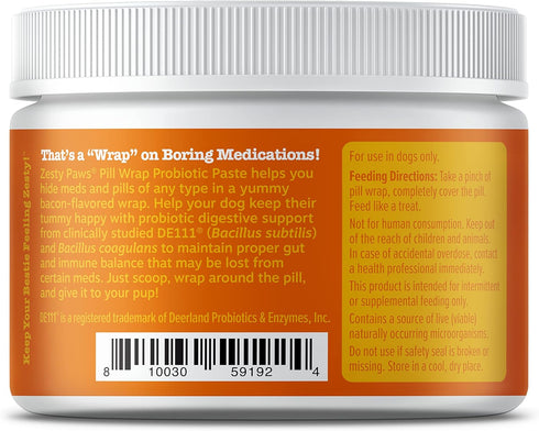 Zesty Paws Pill Wrap Probiotic Paste for Dogs - Immune & Digestive System Support - Bacon Flavor - with DE111 Bacillus subtilis - Pockets Any Pill...