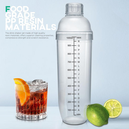 Homestia Plastic Cocktail Shaker with Measuring Jigger Set, 1000cc / 33 oz Clear Plastic Bottle Boba Tea Shaker Cup with Scales, Drink Mixer Cockt...