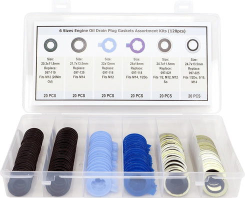 120PCS 6 Sizes Oil Drain Plug Gaskets Assortment Kits, Fit M12 M14 For FORD, replace 097-119, 097-139, 097-116, 097-118, 097-021, 097-025...