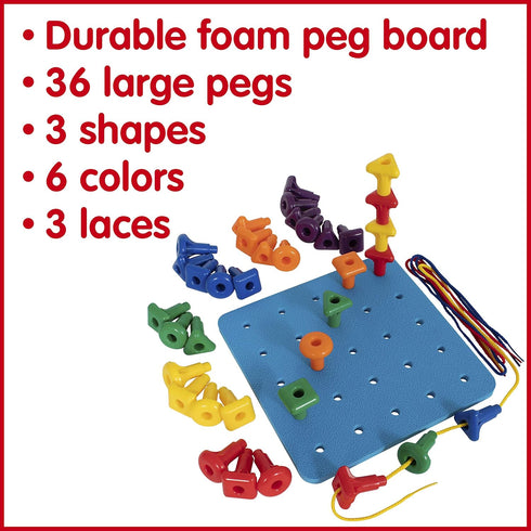 edxeducation Geo Pegs and Peg Board Set - 36 Pegs in 3 Shapes and 6 Colors + 3 Laces - Ages 18m+ - Homeschool Supplies for Preschool Activities...