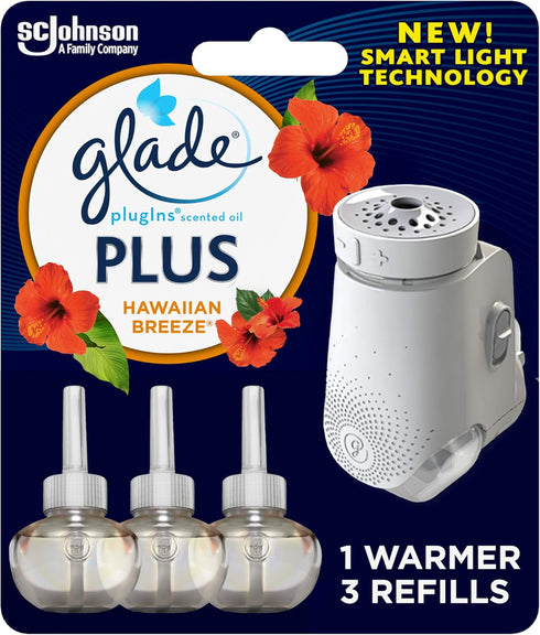 Glade PlugIns Plus Refills Air Freshener Starter Kit, Hawaiian Breeze, Scented and Essential Oils for Home and Bathroom, 0.67 Fl Oz, 1 Warmer + 3 ...