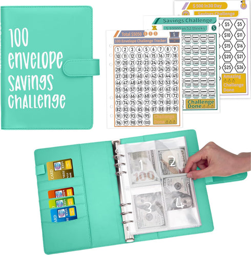 100 Envelopes Money Saving Challenge Binder, A5 Budget Binder with Cash Envelopes, Savings Challenges Book to Save $5,050, 10,000, 500, Budget Pla...