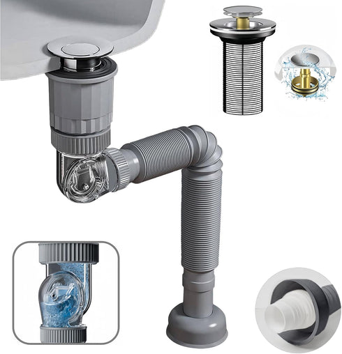 Bathroom Sink Drain Pipe Kit, 3 in 1 Plumbing, Fits for 1-1/4'' & 1-1/2'' Drain Hole, with Anti-Odor, Anti-Backflow, Space-Saving Design for Bathr...