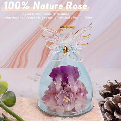 ANLUNOB Preserved Rose Birthday Gifts for Women Mom Grandma Wife, Glass Angel Figurines Gifts with Pretty Purple Flowers for Anniversary Wedding...