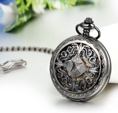 JewelryWe Antique Mechanical Pocket Watch Retro Classic Mechanical Hand-Wind Pocket Watch Steampunk Fob Watch Pendant Watch with Chain, for Father...