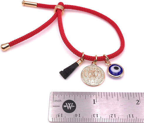18K Gold Plated Saint Benedict Red String Bracelet Adjustable Charm Evil Eye & Dainty Genuine Azabache Hand...