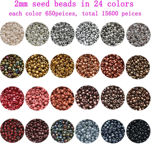 12/0 Glass Seed Beads About 15600pcs 24 Colors 2mm Loose Seed Beads Kit Bracelet Making Beads with 24-Grid Plastic Storage Box for Jewelry Making...