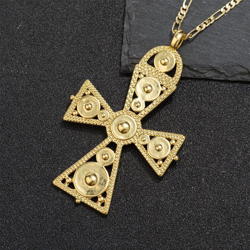 18K Gold Plated Large Ethiopian Eritrean Cross Pendant Necklace for Women Men Traditional Ornaments Habesha African Ethnic Jewelry | 3mm Figaro Ch...