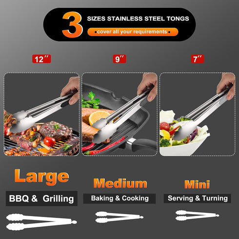 Anaeat Stainless Steel Locking Tong Set of 3 - Premium 7, 9 and 12 inch Kitchen Food Tongs with Non-Slip Silicone Tips and Grip for Serving, Cooki...