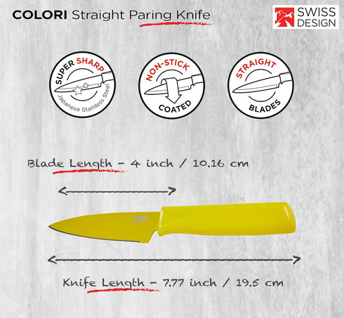 Kuhn Rikon Colori Non-Stick Straight Paring Knife with Safety Sheath, 4 inch/10.16 cm Blade, Lemon...